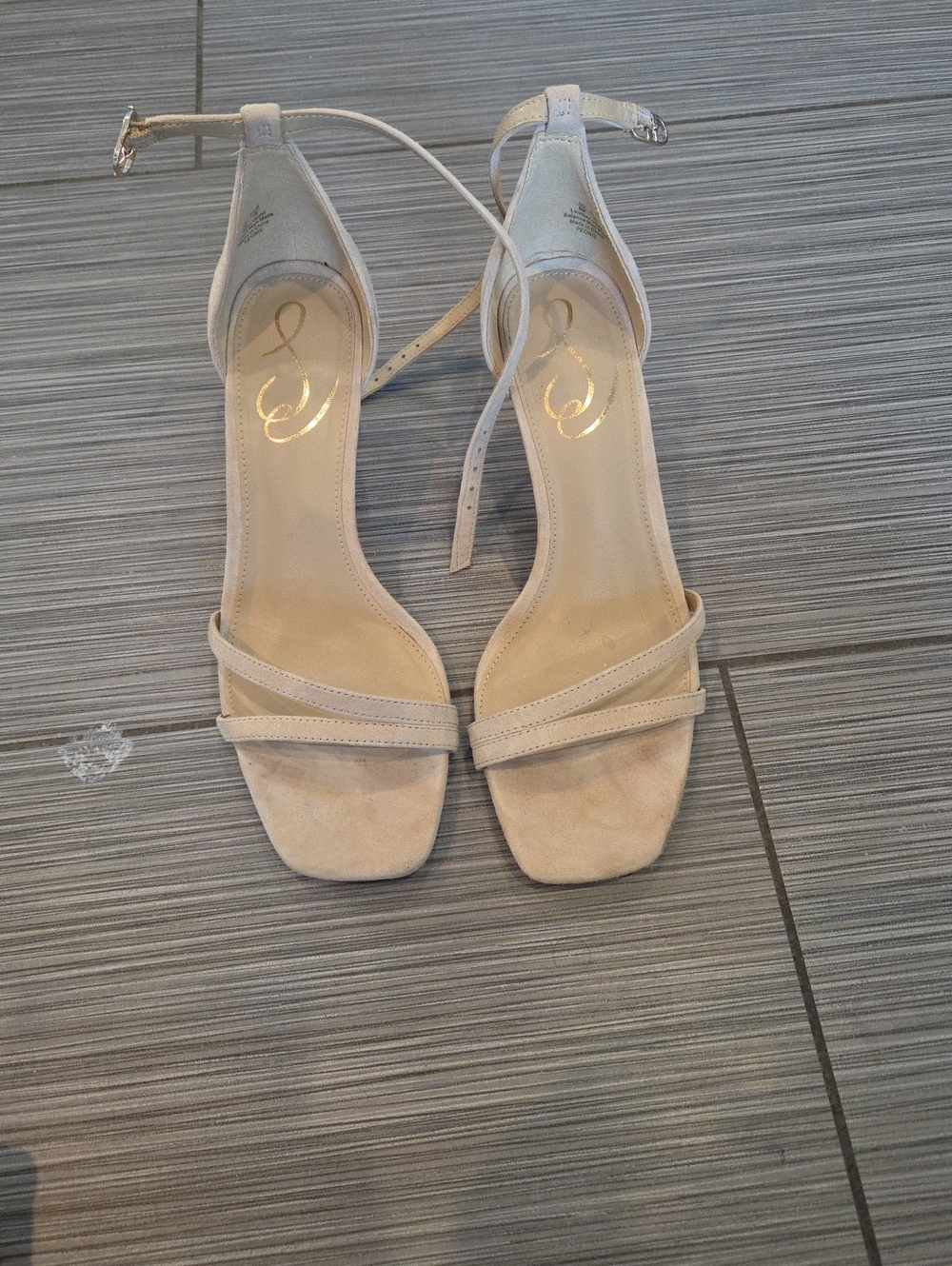 Sam Edelman Beige Suede Ankle-Strap Square-Toe Heels